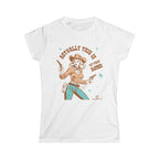 White t-shirt with a graphic of a cowgirl and text on a white background