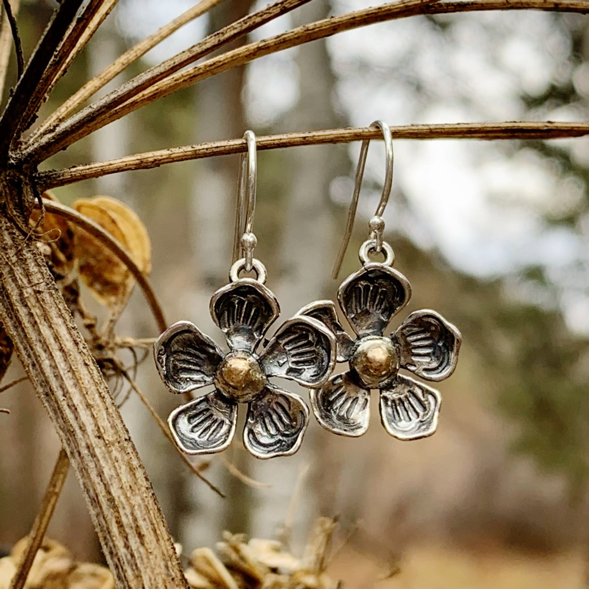 Silver flower-shaped earrings hanging from a branch with a blurred natural background