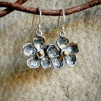 Silver flower-shaped earrings hanging from a branch on a textured surface