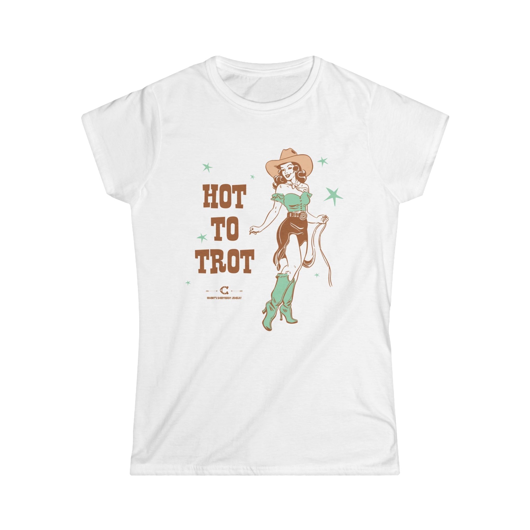 Cowgirl illustration with 'Hot to Trot on white tee