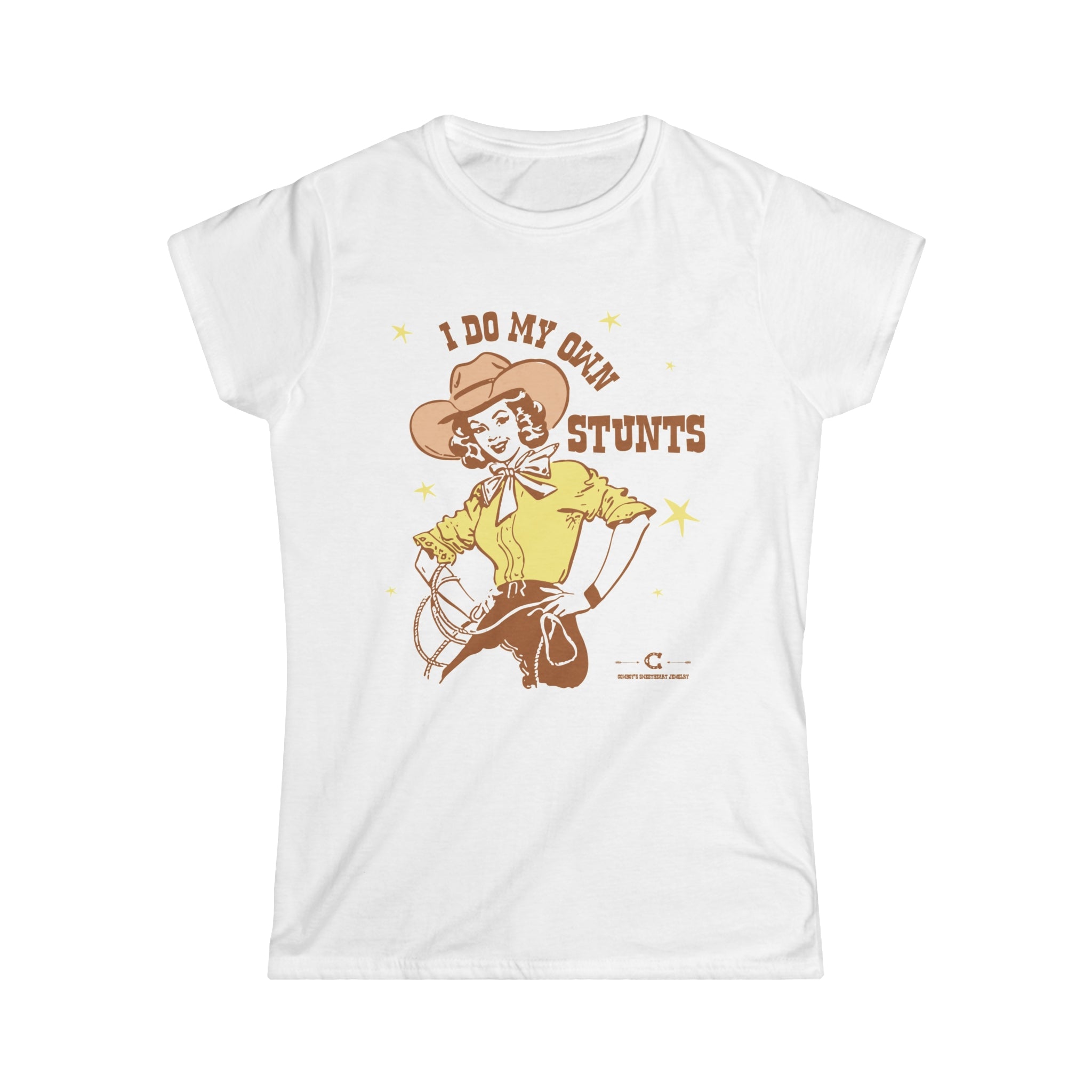 White t-shirt with a graphic of a cowgirl and text 'I Do My Own Stunts' on a white background