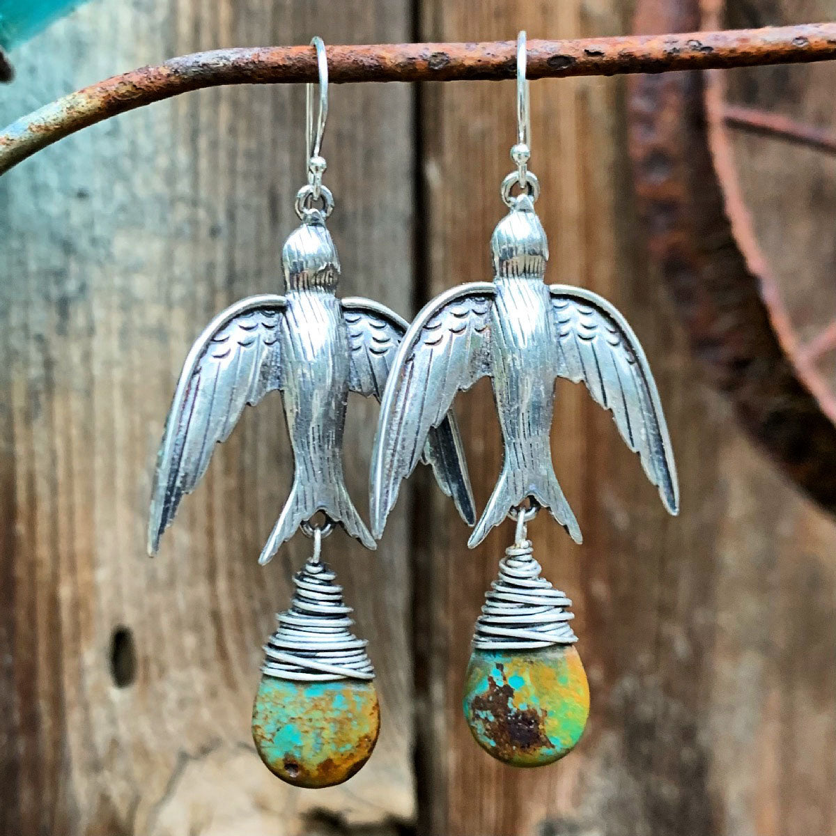Silver Swallow Earrings with turquoise