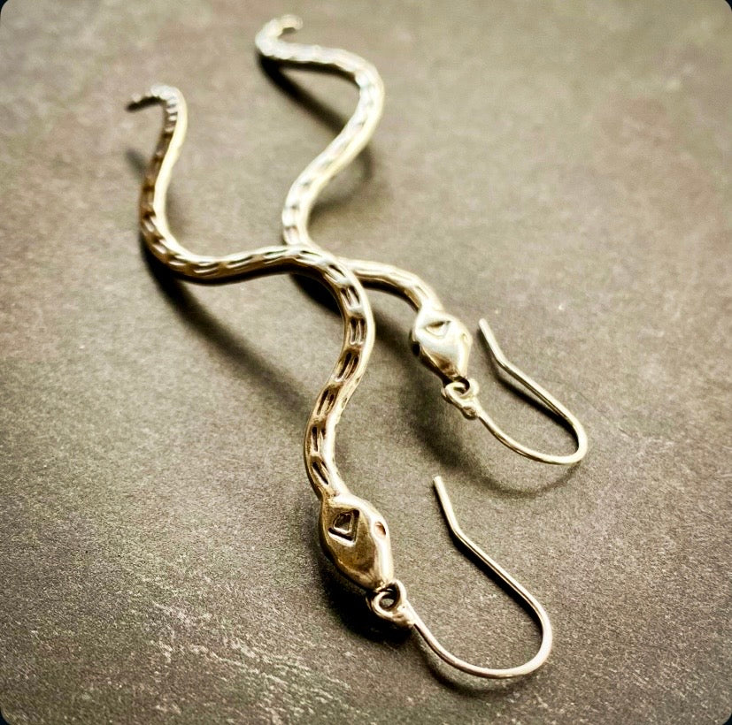 Silver snake-shaped earrings on a textured gray surface