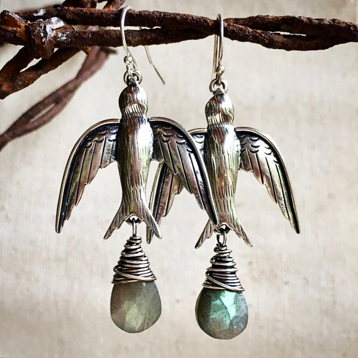 Silver Swallows Earrings with Labradorite