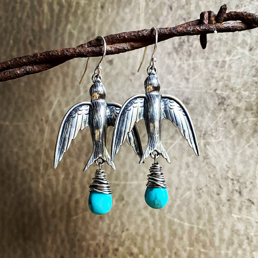 Silver Swallows Earrings with turquoise