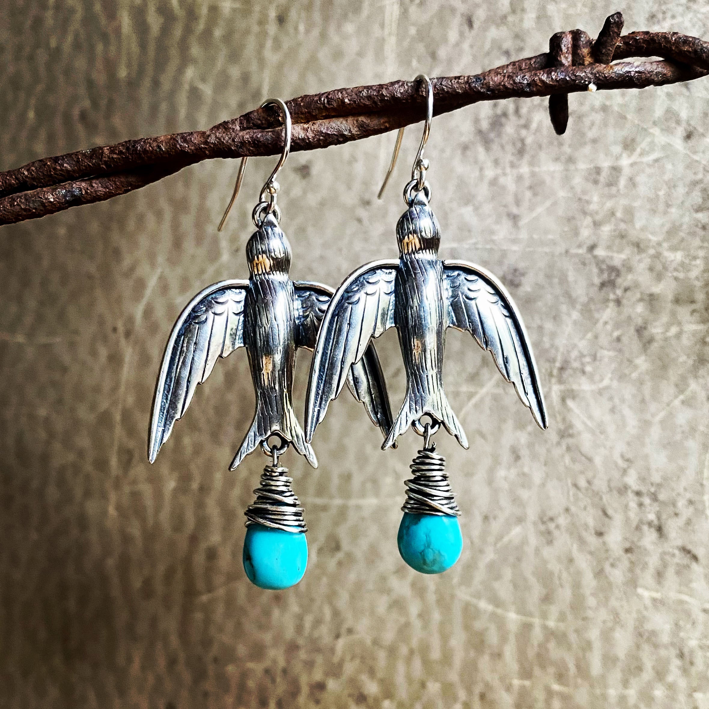 Silver Swallows Earrings with turquoise
