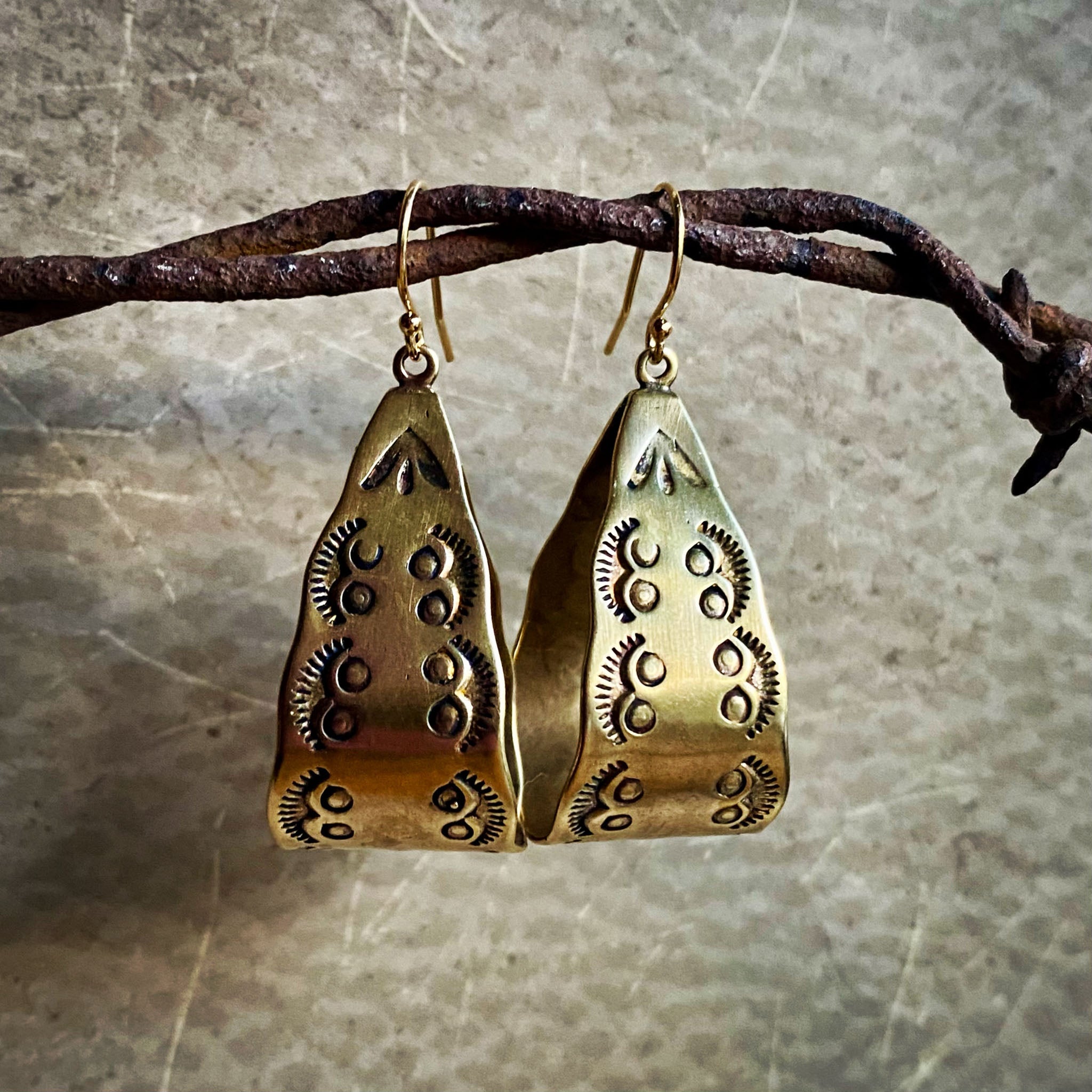 Pair of bronze earrings with intricate patterns hanging on a branch.