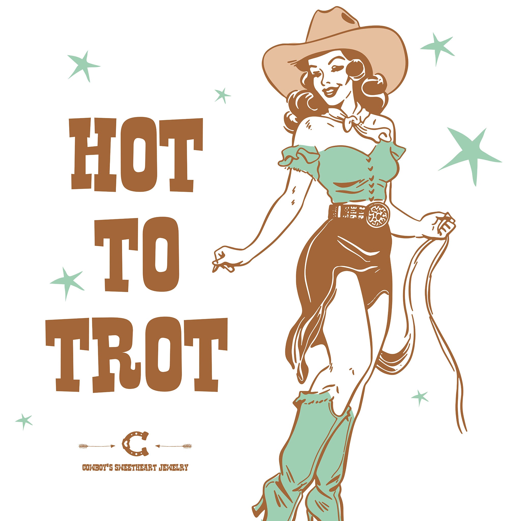 Cowgirl illustration with 'Hot to Trot' text on a white background