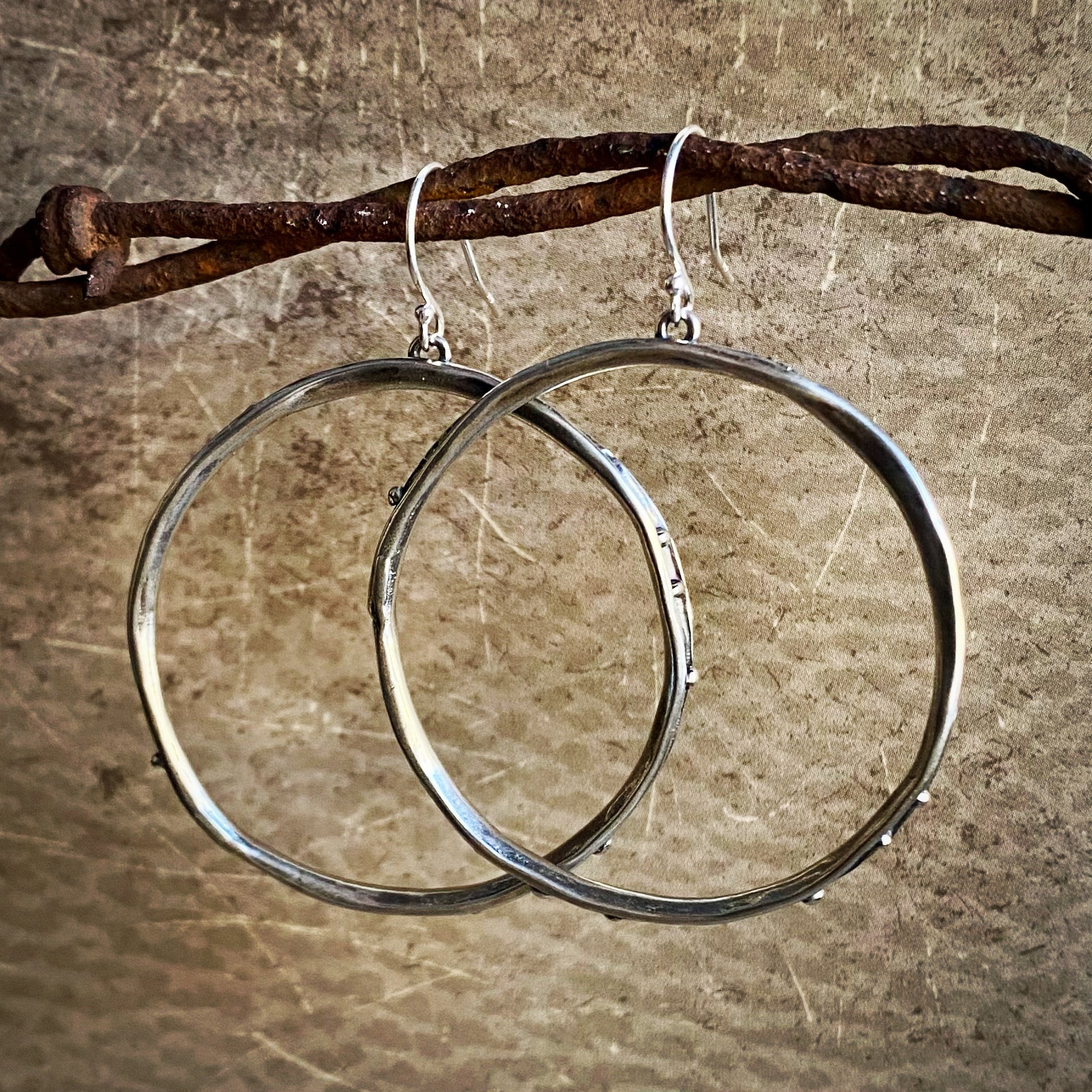 Silver hoop earrings hanging on a rustic branch against a textured brown background